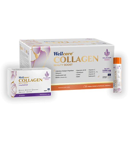 Wellcare Collagen Beauty Boost 5.500 mg Likit Form - 30 Tüp & 30 Silisyum Kapsül / Frenk üzümü &  Portakal Aromalı 